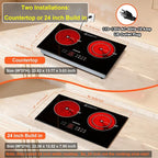 Dual Coils Design of Double Burner Electric Cooktop, 1800W Commercial Ceramic Infrared Cooking Hot Plate, Portable Countertop or 24in Built-in Radiant Stove Top Cooker with WATT n TEMP Heating Control