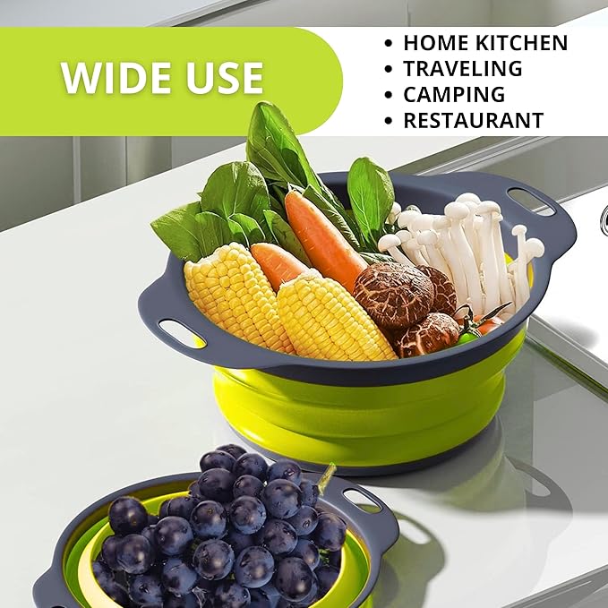 3PCS Green Foldable Kitchen Strainer Set – Silicone Colander Collapsible Strainers and Colanders Green Collander for Kitchen Collapsible Compact Drain Tools for Cooking Prep