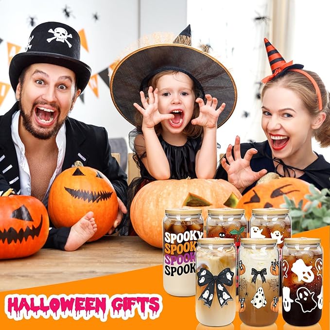 ANOTION Halloween Cups, 18oz Ghost Pumpkin Iced Coffee Mason Jar Mugs, Glass Tumbler with Lids Straws Gift Bags, Boo Basket Stuffers, Halloween Party Home Decorations & Gifts for Women Adults Kids
