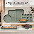 12-Piece Nonstick Baking Set, Non-Toxic Bakeware Sets with Baking Sheet, Cake Pan, Square Pan, Loaf Pan, Roasting Pan, Muffin Pan, Cookie Sheet, Cooling Rack & Kitchen Utensilss - Ceramic Coated Green