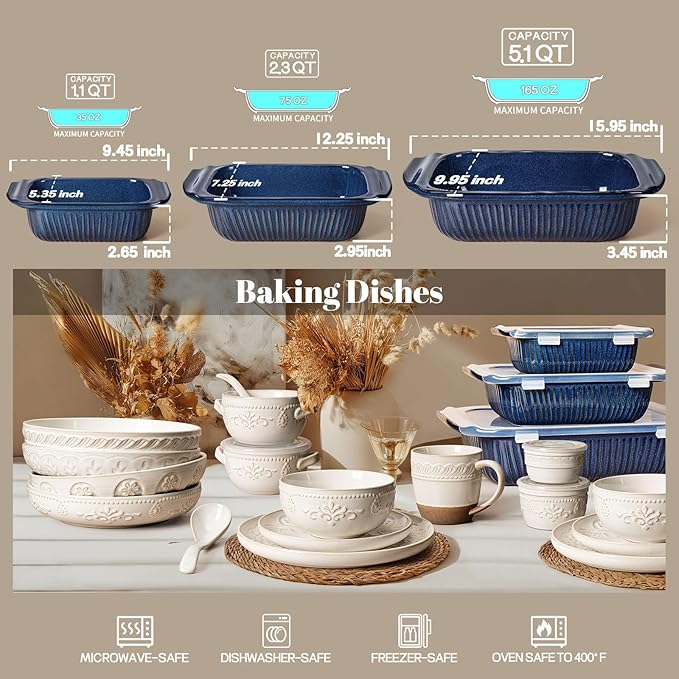 Artena Casserole Dishes For Oven, Ceramic Baking Dish, Large Lasagna Pan With Handles, Baking Pan Casserole Dish, Rectangular Bakeware Deep, Set Of 3 (5.1Qt/2.3Qt/1.1Qt) (Blue - Only Baking Dish)