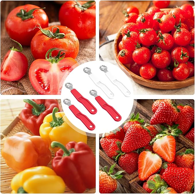 5 Pcs Tomato Corer Tool Strawberry Huller Stem Remover, Handle with hole, Stainless Steel, Fruit Corer Tool for Tomato Strawberry (Red+White)
