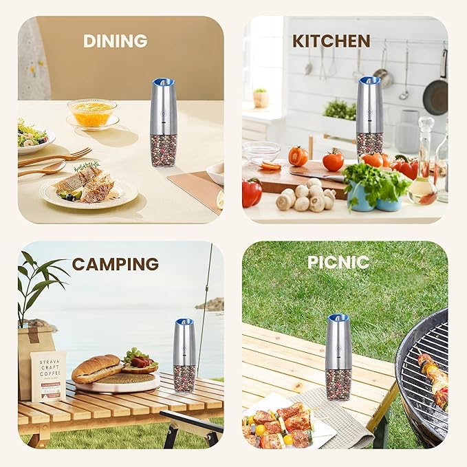 Rechargeable Electric Salt And Pepper Grinder Set, Automatic Gravity Electric Salt And Pepper Grinder Set, Adjustable Roughness, Led Light, 1 Pack, (Silver)