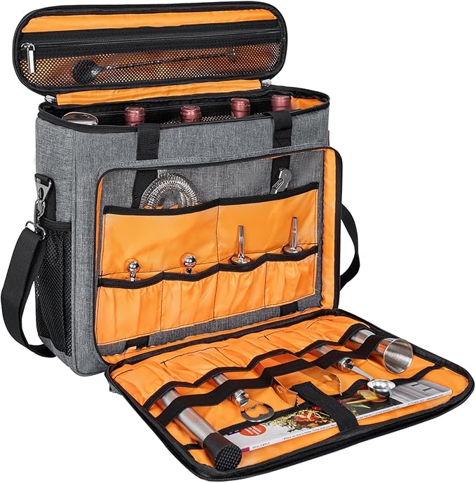 Bartender Bag, Bartender Kit Travel Bag for Cocktail Shaker Set, Portable Carrying Case with Compartments for Wine Bottles, for Travel Home Indoor Outdoor Party(Bag Without Tools)