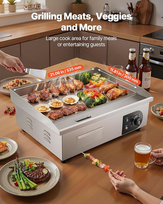 VEVOR Commercial Electric Griddle, 21 x 11.8 inch, 1750W, 122-570°F Adjustable Temp Control, Stainless Steel Countertop Flat Top Grill with 2 Spatulas, 2 Brushes and 4 Foot Pads, for Steak, Pancake