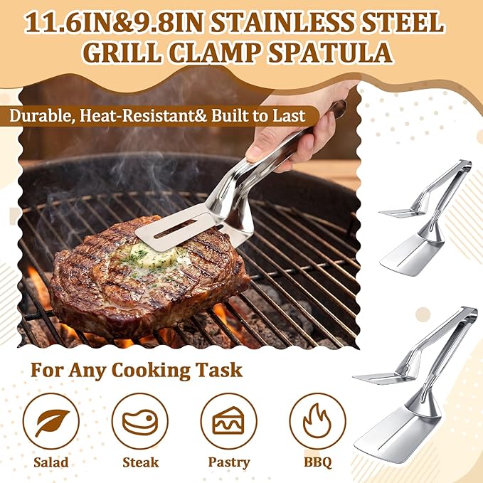 Sliner 6 Pack Grill Spatula and Tongs Set Heavy Duty Grilling Tools - Stainless Steel Spatula & Tongs for Outdoor Camping, Backyard Grilling BBQ Tools with Non-Slip Handle Utensils Gifts for Men