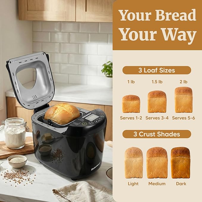 Elite Gourmet Programmable Bread Maker, 2 lb Loaf, 3 Sizes, 19 Presets incl. Gluten-Free, Dough & Jam, Delay Timer, Black