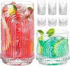 Vintage Drinking Glasses, Set of 4 Art Deco Glassware, Hand-Made Glass Cups-17oz Highball Glasses & 10oz Cocktail Glasses, Ribbed Glassware, Bar Tumbler Set, Kitchen Glass ware