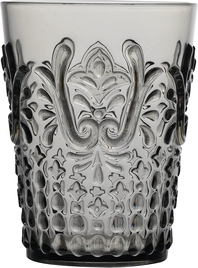 KLIFA- BLOIS- 15.2 ounce, Set of 6, Acrylic Tumbler Drinking Glasses, BPA-Free, Stackable Plastic Drinkware, Dishwasher Safe, Vintage Looking Cups, Gray Black