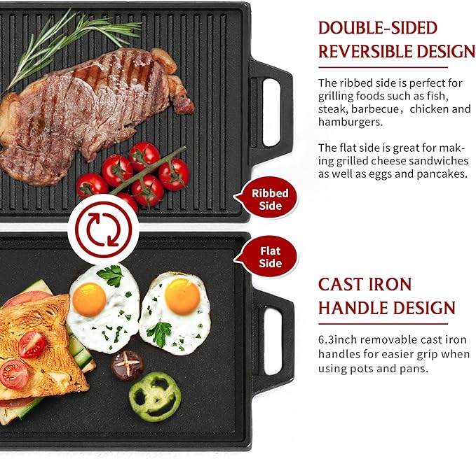 BIG HORN OUTDOORS Cast Iron Griddle Reversible Grill Plate with Handle for Oven, Stove, Grill