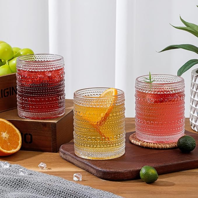 HomeVogue 12oz Colored Hobnail Drinking Glasses Set of 6, Vintage Glassware Old Fashioned Beverage Glasses, Cocktail Glass Set, Kitchen Water Glasses Cup, for Beer, Smoothie, Juice