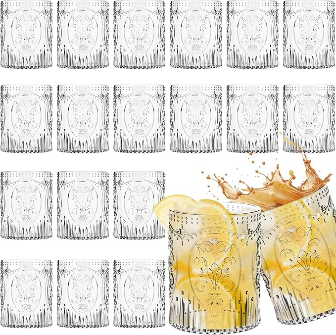 Qinyoung 24 Plastic Vintage Drinking Glasses 8.5oz Stemless Retro Embossed Wine Glasses Shatterproof Reusable Cups for Baby Shower Wedding Reception Grand Event Party (Clear)