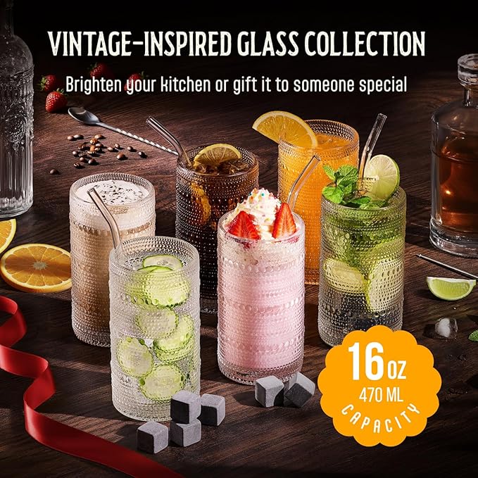 16 Oz Hobnail Drinking Glasses Set of 6 - Clear Multipurpose Glassware Sets, Decorative & Stylish Glasses Drinking Set for Bar, Kitchen, Cocktail Glassware, Garden - Home, Dining, & Kitchen