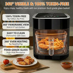 Glass Air Fryer 4.5 Qt, Non-Toxic Borosilicate Glass Basket with 360° View, Upgraded Food-Grade Stainless Steel Tray, 8-in-1 One-Touch Presets, Teflon-Free & Dishwasher Safe, Black