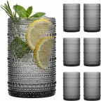 Moretoes Vintage Hobnail Drinking Glasses Set of 6, 15oz Highball Glass Cups, Kitchen Drinkware Glassware,Embossed Water Tumbler,for Beer,Cocktail,Whiskey,Juice and Various Mixed Drinks(Gray)