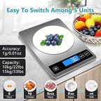 Food Kitchen Scale, Digital Food Scale 33lb Digital Kitchen Scale 1g/0.1oz Precisely Measures Grams and Ounces for Meal Prep Baking and Cooking, Rechargeable 304 Stainless Steel Kitchen Scale