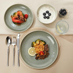 Pokini Stoneware Dinnerware Sets for 6, Microwave Safe Plate and Bowl Set, Easy to Clean & Durable Dishes Sets for Small to Medium Families, Gray Green