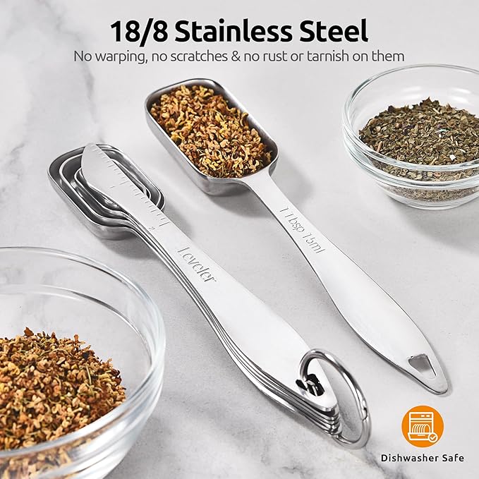 U-Taste Narrow Square Measuring Spoons: 18/8 Stainless Steel Kitchen Measure Teaspoon Tablespoon with Leveler, Polygon Rectangular Metal Jar Scoop for Baking Cooking, Coffee, Spice, Powder (Set of 7)