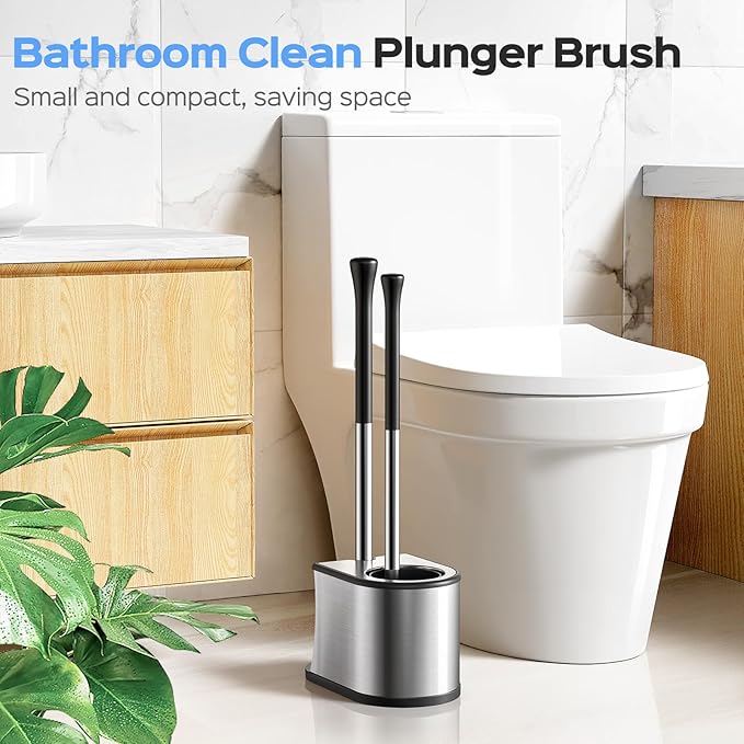 HAMITOR Toilet Plunger and Brush Set: 2 Pack 2 in 1 Stainless Steel Rustproof Combo with Curved Bristles - Heavy Duty Toilet Unclogging for Family Bathroom - Compact Apartment Cleaning Accessories