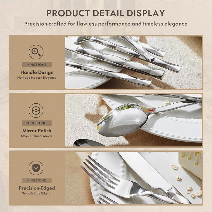 KINGSTONE Silverware Set, Luxury 60 Piece Flatware Set for 12, 18/10 Stainless Steel Cutlery Set with Diamond Cut Pattern for Kitchen, Home, Wedding, Party, Mirror Polished and Dishwasher Safe