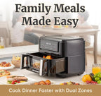 Elite Gourmet Dual Zone Air Fryer Oven 11QT, Dual Basket Air Fryer with Divider, Sync Finish & Sync Cook, PFAS Free Nonstick, 10 Presets, Air Fry Bake Roast Broil Toast Dehydrate, 1600W Black