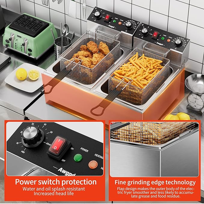 Commercial Deep Fryer, Dual Tank 3400W Electric Countertop Fryer with Basket, 2 x 10L/10.6QT Double Stainless Steel Oil Fryer with Drain, Time & Temp Control, for Kitchen Restaurant Use