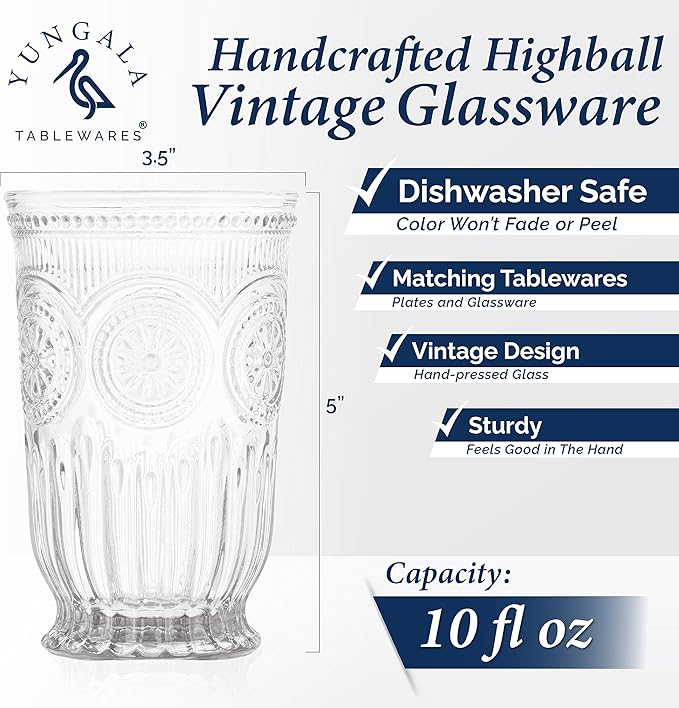 Yungala Clear Highball Glasses Set of 6 Tall Drinking Glasses 10 oz