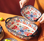 Vintage Flowers Style Ceramic Bakeware Casserole Dish Baking Pan Lasagna Pans Baking Dish with Handles for Oven/Cooking/Kitchen-1 PCS-Red Flowers-22 OZ