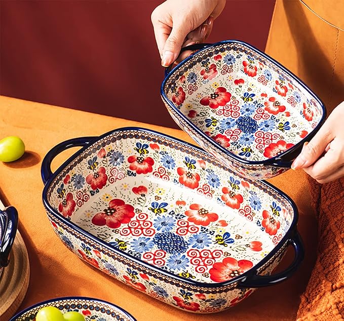 Vintage Flowers Style Ceramic Bakeware Casserole Dish Baking Pan Lasagna Pans Baking Dish with Handles for Oven/Cooking/Kitchen-1 PCS-Red Flowers-22 OZ