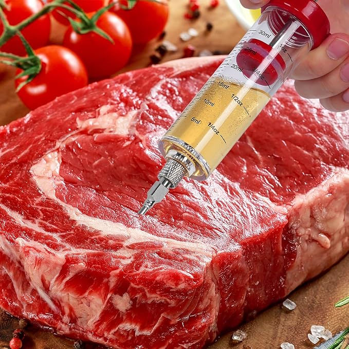 Meat Injector Syringe - 3 Marinade Injector Needles for BBQ Grill, Premium Portable Turkey Injector kit for Smoker,Marinades Injectors for Meats With 1oz Large Capacity 1 Brush Easy to Use & Clean Red