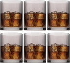 Physkoa Grey Ribbed Drinking Glasses Set of 6 – 9oz Vintage Smoke Grey Glassware, Embossed Ribbed Tumbler Cups for Juice, Water, Cocktail, Iced Coffee