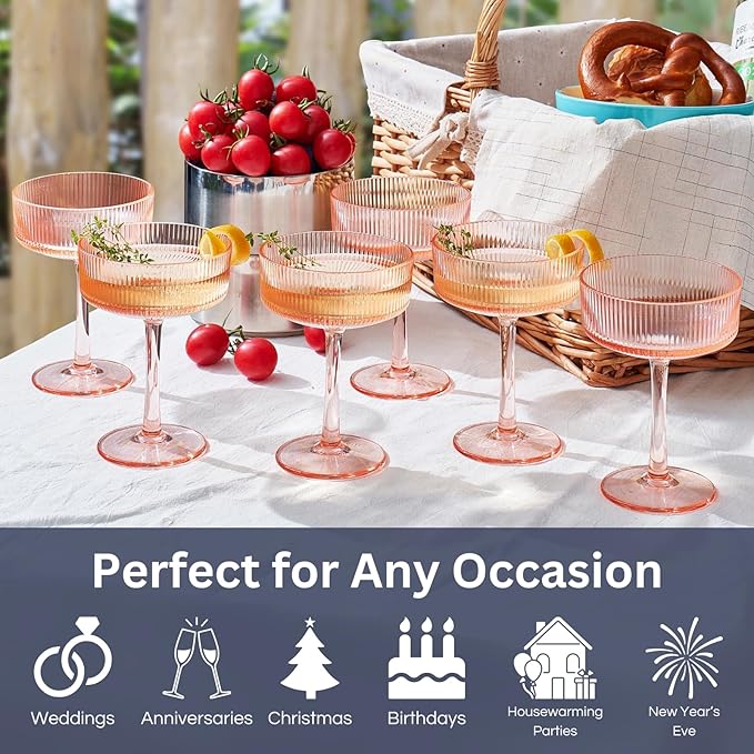 Khen Shatterproof Acrylic Ribbed Vintage Art Deco Coupe Glasses | Set of 4 | 8oz Ripple Glassware for Indoor & Outdoor Use | Pink (Peach-Tinted) Glasses