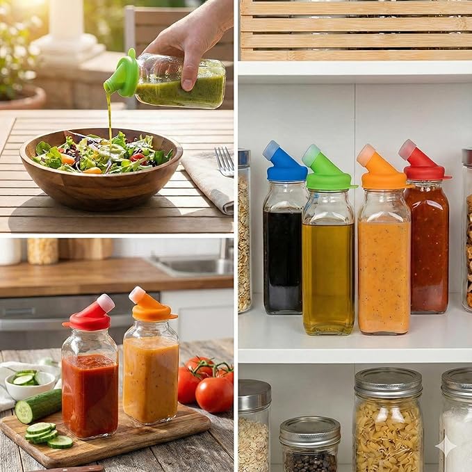 kitchentoolz Orange 16oz Glass Salad Dressing Bottle – Salad Dressing Container Glass with Non-Metal Silicone Spout for Marinades, Oil, Sauce