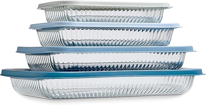 COOK WITH COLOR 8-Piece Deep Glass Baking Dish Set with Plastic Lids – Casserole and Food Storage Containers for Lasagna, Leftovers – Freezer-to-Oven, Microwave & Dishwasher Safe, Fluted Blue