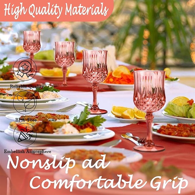 Plastic Wine Glasses, Plastic Goblets Vintage Style Cordial Unbreakable Drinking Glasses, Reusable Drinkware for Wedding Reception, Grand Event Party Supplies (12, Rose Gold)