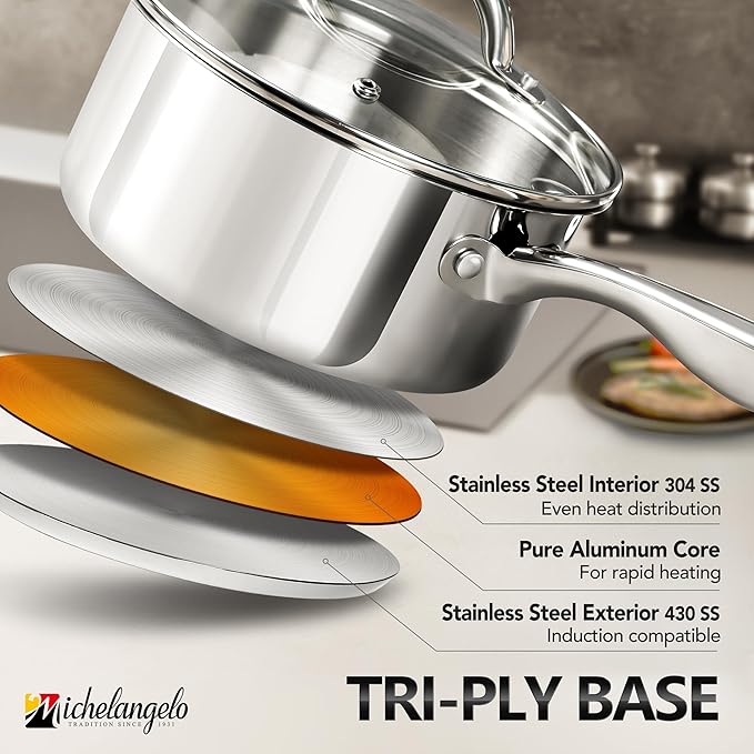 MICHELANGELO Saucepan Set 6pc, 18/10 Stainless Steel Saucepans with Lids, Tri-Ply Bottom, Dual Handle 3QT, Induction Compatible Sauce Pots, 1QT & 2QT & 3QT