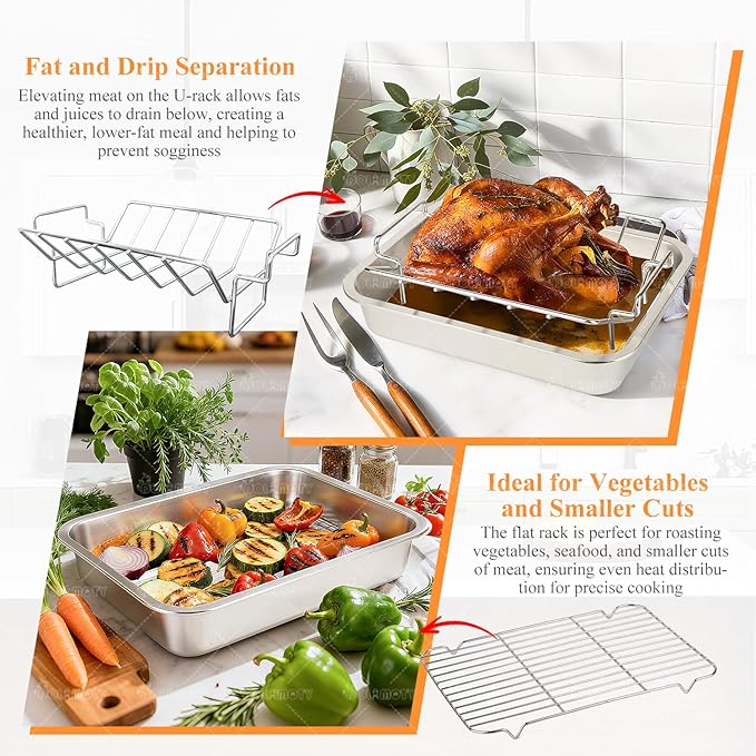 Turkey Roaster Roasting Rack with Pan, Stainless Steel Poultry Turkey Roasting Pan for Smoker Smoking and Grilling/Dual Purpose fit for Oven, Large Size Big Green Egg and Kamado Joe Etc