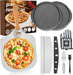 Pizza Peel Pizza Pan Set, 7Pcs Pizza Oven Accessories, 12 Inch Metal Paddle (12"x 14") with Foldable Wooden Handle, 2 Pizza Pans, Rocker Cutter, Pizza Server, Oven Mitts, Oil Brush