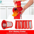 SUSTEAS Rotary Cheese Grater with Handle - Vegetable Shredder with 5 Well-designed Blades & Strong Suction Base,Round Mandoline Slicer & Food Chopper for Kitchen,with Blade Storage Box(Red)