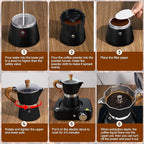4-in-1 Moka Pot Espresso Set with Electric Stove 3 Cup Aluminum Stovetop Coffee Maker Percolator Italian Classic Mocha Coffee Machine with Powder Dispenser Filter Paper Portable Camping Black