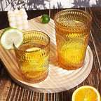 Loivttvv 12pcs Vintage Drinking Glasses Set, 12 oz Highball Glasses & 9 oz Embossed Ribbed Glassware Cups for Thanksgiving Cocktail, Juice, Coffee, Whiskey (Amber)