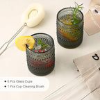 ZMOWIPDL Vintage Glassware Drinking Glasses Set of 6,12 oz Hobnail Glass Cups,Embossed Grey Water Tumbler,for Beer,Cocktail,Whiskey,Juice and Various Mixed Drinks- 1 Cleaning Brush