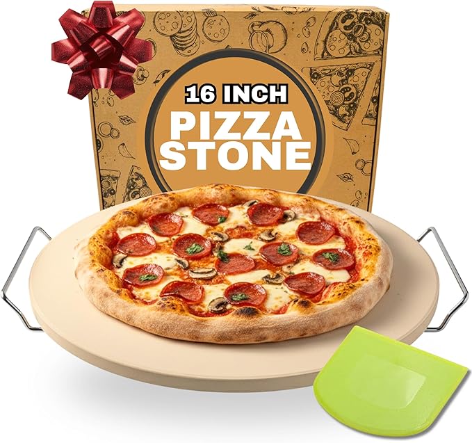 16 inch Baking Stone For Oven - Round Pizza Stone with Handles and Dough Tool - Baking Stone for Bread - Pizza Stones for Oven and Grill - Cooking Gifts for Food Lovers