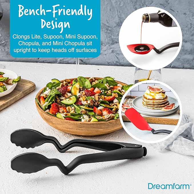 Dreamfarm Everyday Kitchen Essentials (Red) - Clongs Lite Click‑Lock Tongs, Supoon & Mini Supoon Scraper Spoons, Chopula & Mini Chopula Spatulas – Heat‑Resistant Nylon/Silicone for Cooking & Baking