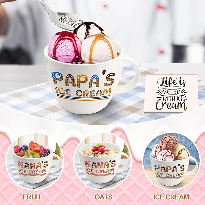 Nana Papa Gifts from Grandkids Ice Cream Bowls and Spoon Scoop Set, Nana and Papa Gifts for Grandparents Day from Granddaughter Grandson Ice Cream Bowl Accessories, Anniversary for Couples