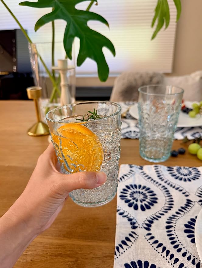 KLIFA- BLOIS- 15.2 ounce, Set of 6, Acrylic Tumbler Drinking Glasses, BPA-Free, Stackable Plastic Drinkware, Dishwasher Safe, Vintage Looking Cups, Light Teal