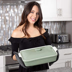 ROSSALLINI Stoneware Casserole Dish Bakeware Set with Lid, Covered Rectangular Dinnerware, Large 3.2 Quart, 11 by 9 Inch, Verde Salvia [Sage Green]