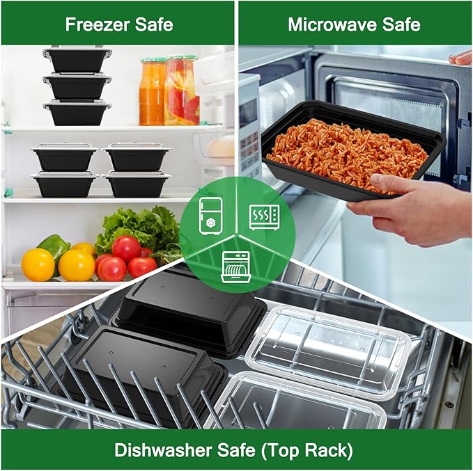 50 Pack (100-Piece) 38 oz Meal Prep Containers Reusable with Lids, Sturdy Leakproof & Food Safe, Microwave, Freezer, Dishwasher Safe Prep Containers, To Go Take Out Plastic Food Storage