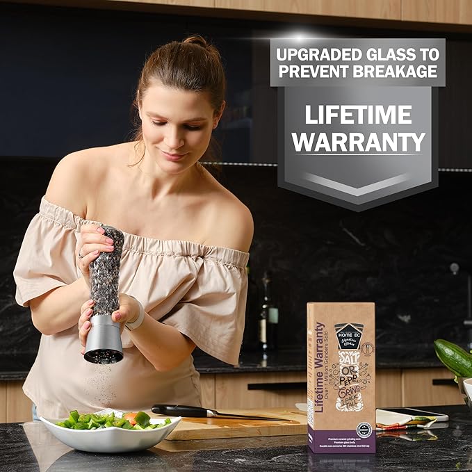 HOME EC Original Stainless Steel Salt or Pepper Grinder 1pk - Adjustable Ceramic Sea Salt Grinder or Pepper Mill - Tall Glass Spice Shaker - Spice Mill (Diamond Facet)