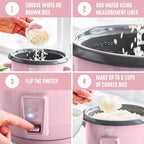 GreenLife Rice Cooker with Removable PFAS-Free Ceramic Nonstick Pot, 3-Cups Uncooked/6-Cups Cooked, Grains & Oatmeal Multicooker, Compact One-Switch Design, Auto Keep Warm, Easy Clean, Pink